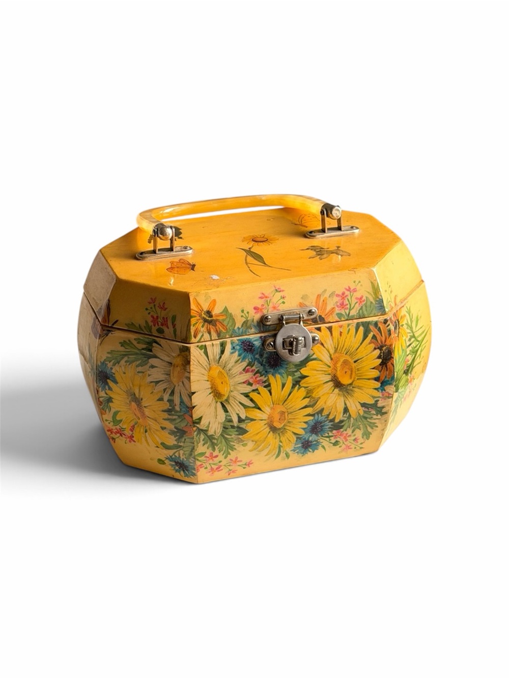 Vintage whimsical Yellow Floral Octagonal Jewelry Box 1960s